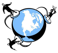 illustration of people navigating around the world globe