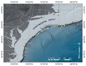 U.S. Atlantic coast between Cape Hatteras, NC and Cape Ann, MA. The location of identified deepwater gas seeps are indicated with a yellow circle.