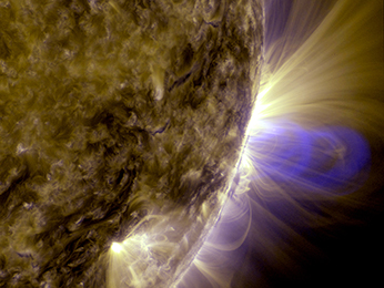 Image of magnetic loops on the sun, captured by NASA's Solar Dynamics Observatory (SDO). It has been processed to highlight the edges of each loop to make the structure more clear. Image Credit: NASA/Goddard Space Flight Center/SDO
