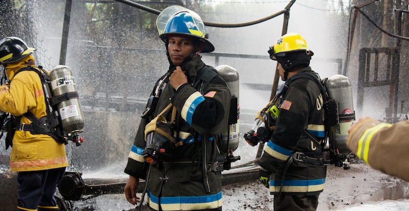 Firefighters at the scene of a structure fire.