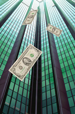 Photograph of cash falling from the top of a skyscraper.