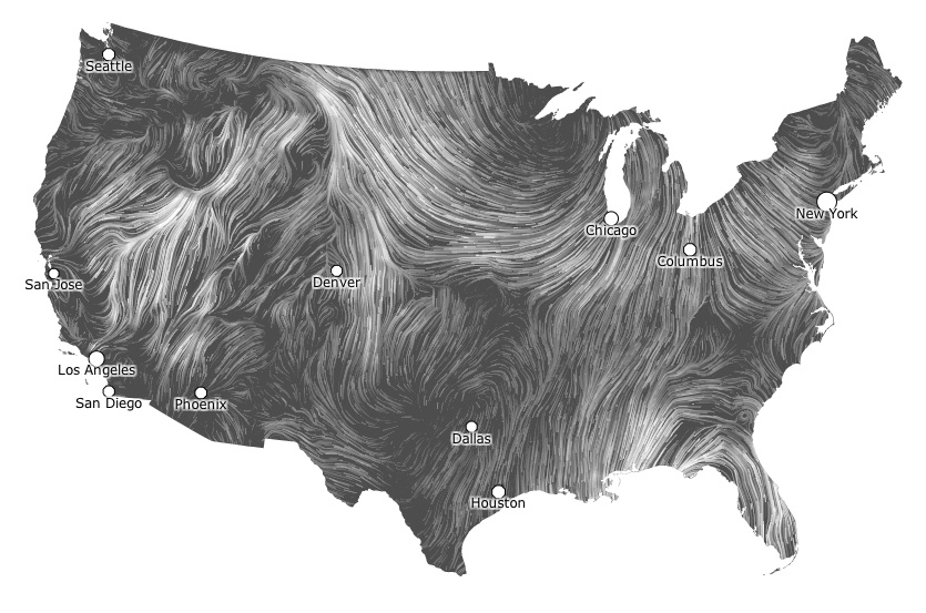 Image description: This live map shows surface wind data. The brighter the lines, the faster the wind speed.
HINT.FM made the map using data from the National Digital Forecast Database.
See the map in action.
