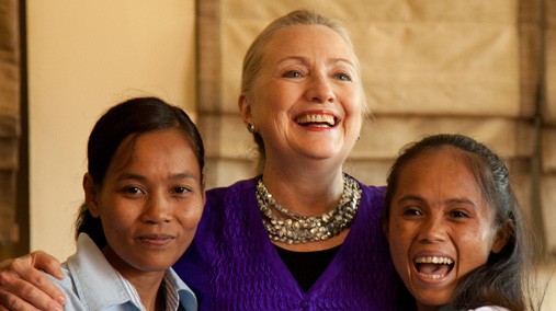 U.S. Secretary of State Hillary Rodham Clinton speaks with participants of the Lower Mekong Initiative Women's event in Siem Reap, Cambodia, on July 13, 2012. [State Department photo by Paul Watzlavick/ Public Domain]
