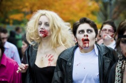 A couple dressed as zombies - Danny Zucco and Sandy Olsson from the movie Grease walking in the annual Toronto Zombie Walk.