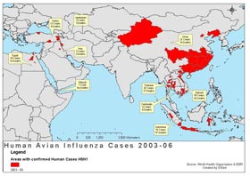 world map of human avian influenza cases 2003-2006 indicated in red for each country