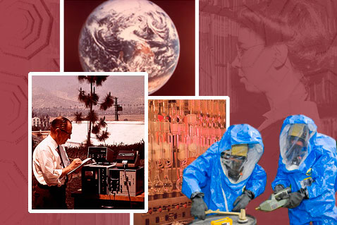 Earth as seen by astronauts from Apollo 17; woman checking humidity recorder, 1942; scientist using optical particle counter, 1972;  chemistry lab;  two National Decontamination Team members, 2008