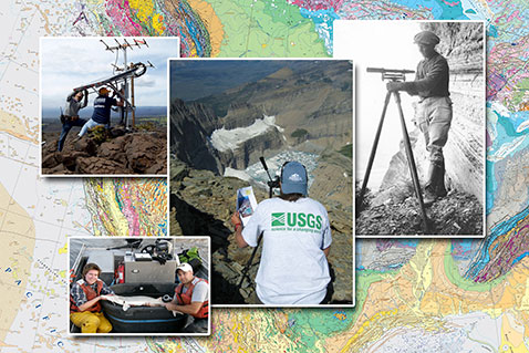 Geologic map of North America, topographer running level line, USGS scientist photographer, staff installing solar panel for seismic monitoring network, researchers hold pallid sturgeon