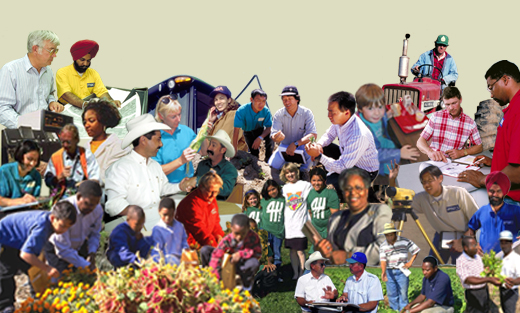 A collage of USDA employees and USDA customers engaged in a variety of service activities.