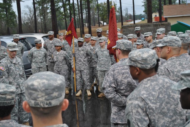 Army Col. Michael Mann, Commander, Deployment Support Command, addresses soldiers from the 1398th Deployment and Distribution Support Battalion after a day of mobilization training at Camp Shelby, Miss., Jan. 13. "Remember, respect is a big contributer to your success. Treat yourself, each other, those you work with, foreign nationals, civilians and your higher headquarters with respect," said Mann. (Photo by 1st. Lt. Furaha Mujacera, 1398th Deployment and Distribution Support Battalion)