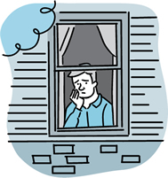 Cartoon of a worried man looking out of a window.