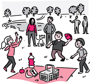 Cartoon of a family picnic with healthy foods and kids at play in a park.