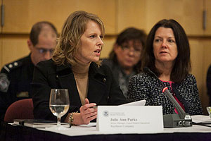 COAC member Julie Ann Parks, left, one of the principal architects of the committee’s Trade Efficiency Survey, talks about the survey’s findings while COAC member Karen Kenney listens.