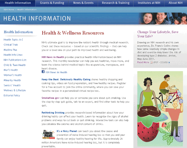Screen capture of NIH Health & Wellness Resources website.