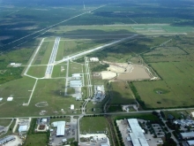 View of an airport from an airplane.