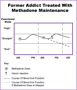 In contrast, Figure 7 illustrates that a single oral dose of methadone in the morning promotes a relatively steady state of mood and function. This graph also demonstrates that use of an opioid (e.g., injection of heroin) during methadone maintenance treatment has a less intense effect on mood and function than an injection of heroin in active users who are not in methadone treatment. The dotted line in Figure 7 predicts the course of a patient’s mood and function if a dose of methadone is omitted. Dole, Nyswander, and Kreek (1966) found that the decline in mood and function is gradual, not steep.
