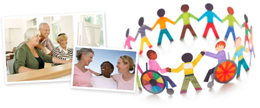 This image is a collage of images. The first photo shows 2 older women and 1 older man gathered around a computer screen. The second middle image shows 3 women embracing. The final image is a drawing of a diverse group of cut out pictures of people in varying colors.