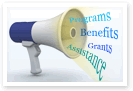 Image of a blowhorn with the words PROGRAMS, BENEFITS, GRANTS, and ASSISTANCE coming out.