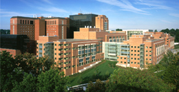 Aerial view of the NIH Clinical Center buildings.