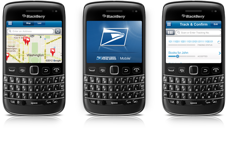Three BlackBerry phones with screenshots of different USPS.com tools.