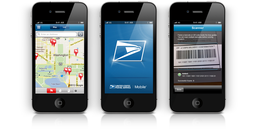 Three iPhones with screenshots of different USPS.com tools.