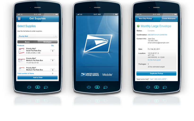 Three smartphones with screenshots of different USPS.com tools.