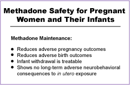 Figure 24 illustrates the safety of methadone maintenance treatment for pregnant women and their infants. Methadone maintenance: reduces adverse pregnancy outcomes, reduces adverse birth outcomes, infant withdrawal is treatable, and shows no long-term adverse neurobehavioral consequences to in utero exposure.