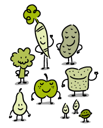Cartoon of anthropomorphized fruit, vegetables, bread, nuts and seeds.