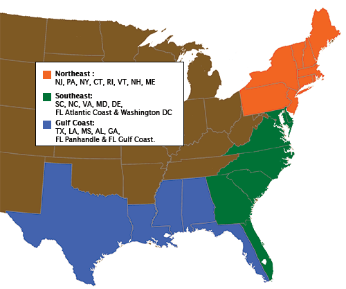 US map showing states in each region