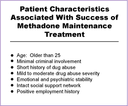 Figure 29 illustrates that, overall, patients who demonstrate emotional, psychological, and social well-being generally experience greater treatment success than patients who have emotional, psychological, and social problems. Several studies have noted that certain patient characteristics, listed in Figure 29, are associated with success in methadone maintenance treatment (McLellan, 1983; Simpson and Sells, 1982; Ball and Ross, 1991; Anglin and Hser, 1990).