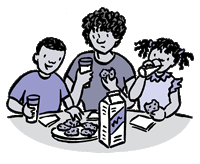 Cartoon of mom looking at milk skeptically as kids have milk and cookies