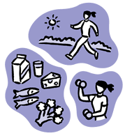 Cartoons of woman walking in sunshine, calcium rich foods and a woman lifting weights.
