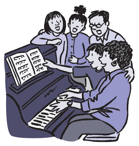 Cartoon of a family singing around a piano