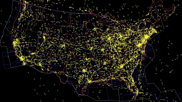 Radar image of crowded skies over U.S.