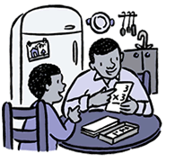 Cartoon of man helping son with homework.