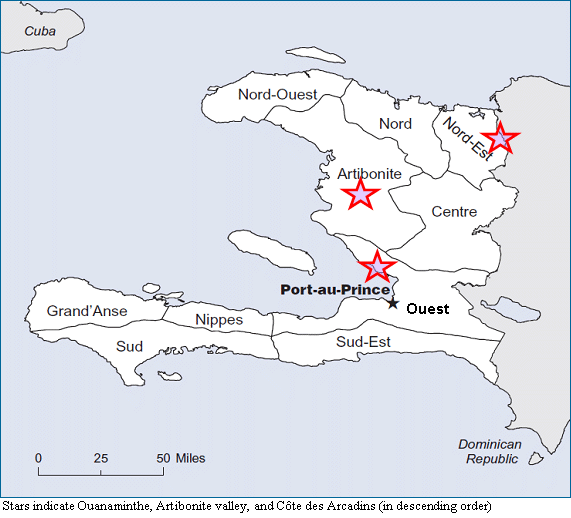 Graphic map: Stars indicate Ouanaminthe, Artibonite valley, and Côte des Arcadins (in descending order)