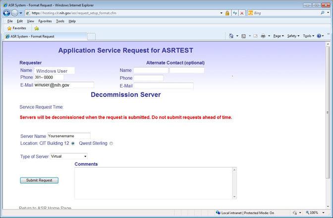 ASR screen shot of a Decommission Server request