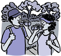 Cartoon of couple drinking water while hiking
