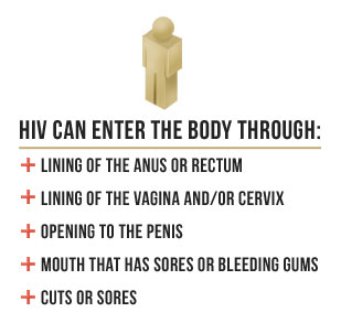 Hiv can enter the body through: lining of the anus or rectum, lining of the vagina and/or cervix, opening to the penis, mouth that has sores or bleeding gums, cuts or sores
