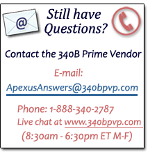 Questions, contact ApexusAnswers@340BPVP.com or call 1-888-340-2787 Monday through Friday 8:30am to 6:30pm