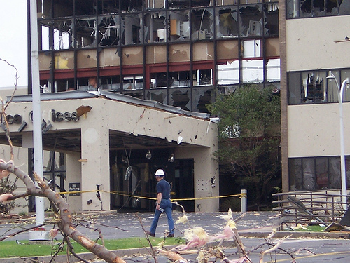 Damage to the front entrance of the St. John’s Regional Medical Center in Joplin, Mo. after a deadly F-5 struck the town.