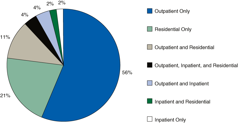 Pie chart comparing Percentage of Substance Abuse Treatment Facilities that Offer Acupuncture Services, by Type of Care in 2007. Accessible table below.