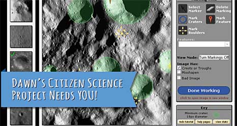 A sample Vesta image map in progress with the words Dawn's Citizen Science Project Needs You!