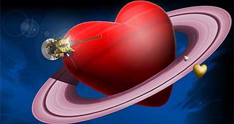 Saturn, Titan and Enceladus appear heart-shaped with Cassini near Saturn