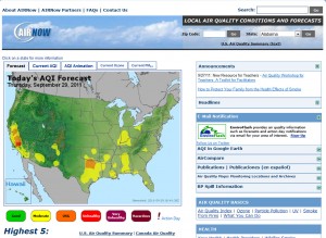 screen shot of airnow.gov featuring a map of the US and it's current air quality
