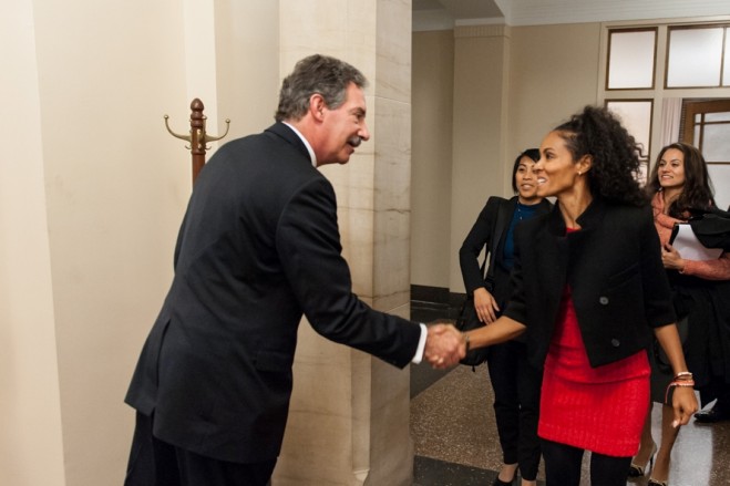 Deputy Attorney General Cole greets Jada Pinkett Smith and her colleagues who are advocating for an end to human trafficking.