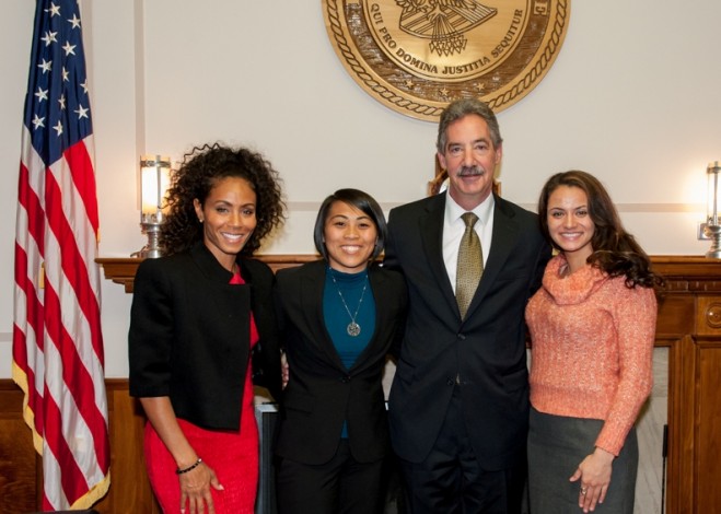Actress and Advocate, Jada Pinkett Smith, Minh Dang, Deputy Attorney General James Cole and Withelma "T" Ortiz-Macey met to discuss human trafficking.