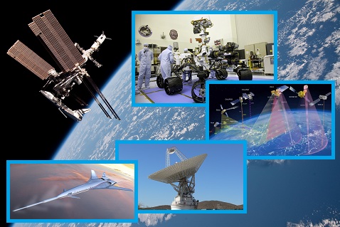 Estación Espacial Internacional por encima de la Tierra, técnicos con Curiosity Rover, satélites de â€œA-Trainâ€�, antena en Goldstone, concepto de vehículos cruceros supersonicos