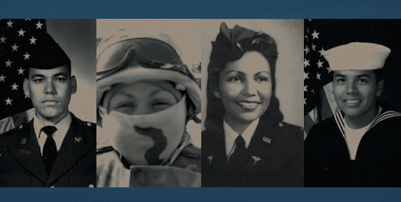 Four pictures of veterans, from left to right, Eddie Crandell, Army, December Dickerson, Army National Guard, Marcella Lebeau, Army, Terry Medicine Crow, Navy