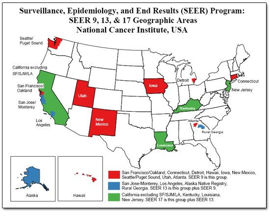 Map of U.S. showing where SEER sampling sites are located