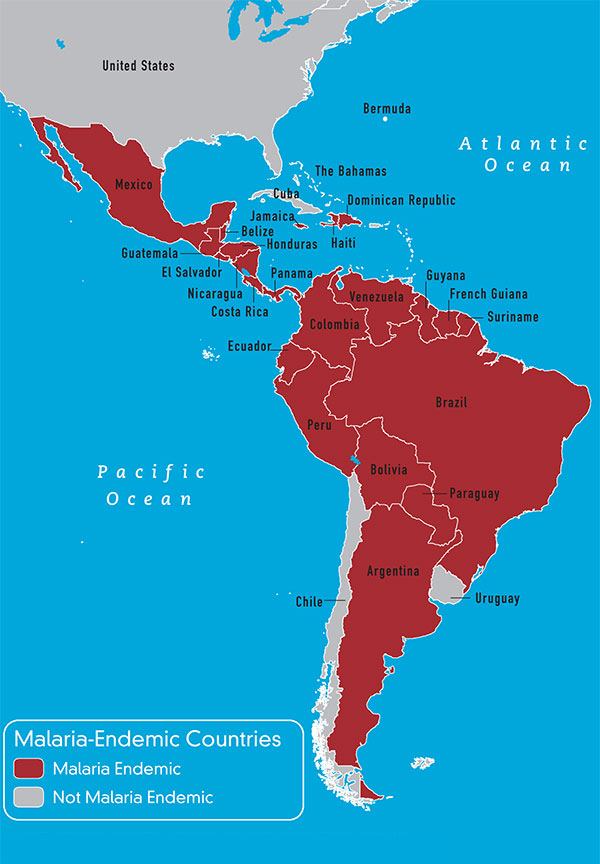 Map 3-9 Malaria-endemic countries in the Western Hemisphere